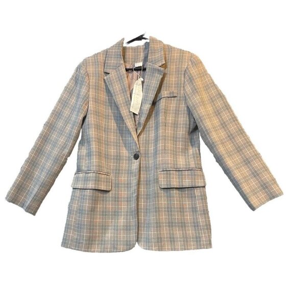 Silk & Salt Womens Medium Single Button Blazer Tan Plaid‎ NEW Career Preppy - Picture 1 of 9